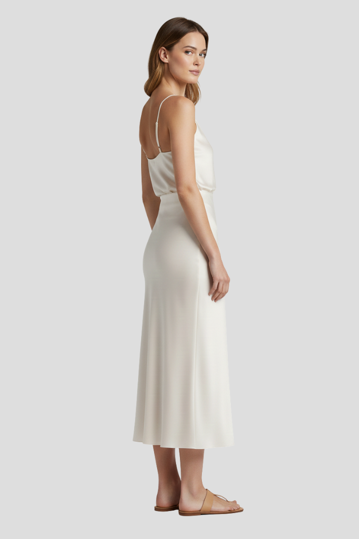 Full-length side view midi skirt on model, gray background