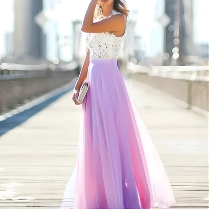 Woman posing front view embellished maxi dress