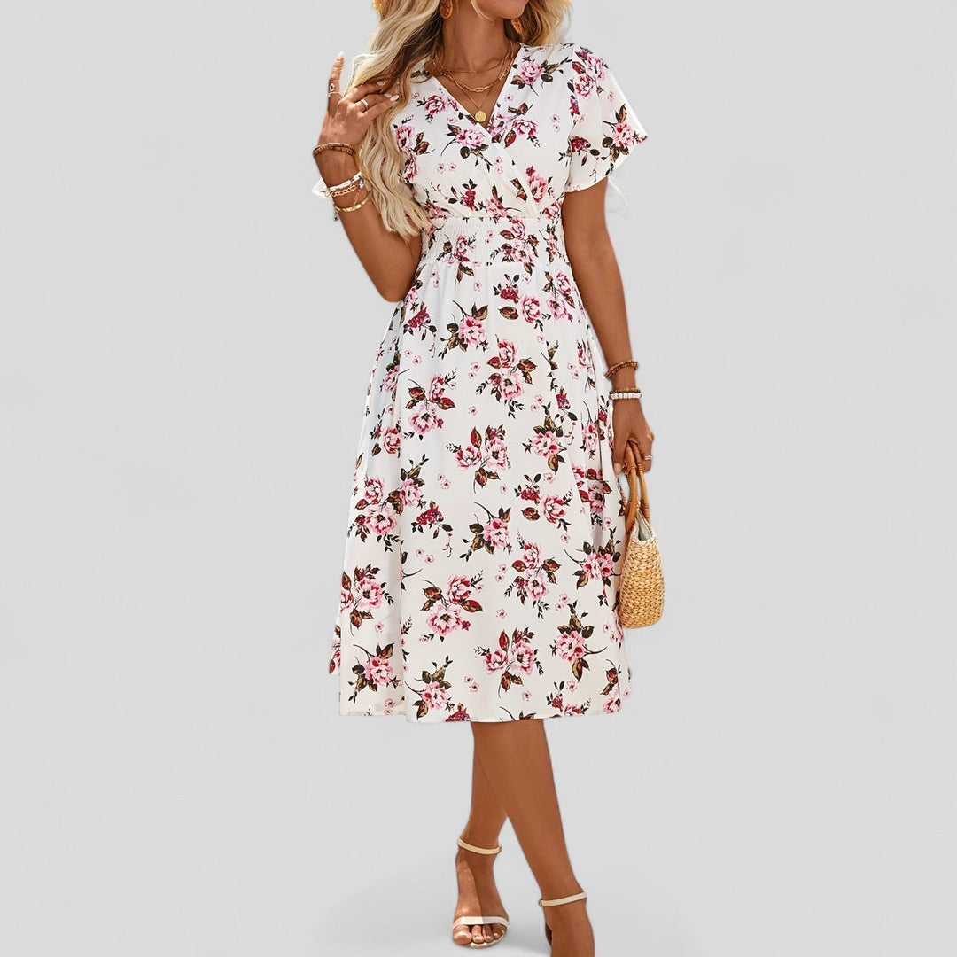 White floral midi dress front angle on plain background