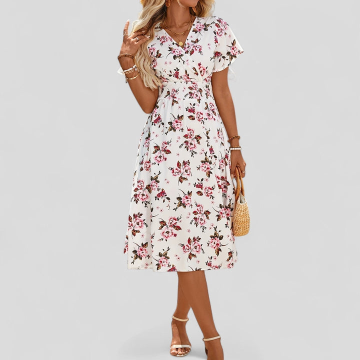 White floral midi dress front angle on plain background