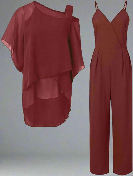 Coordinated outfit with a soft overlay design.