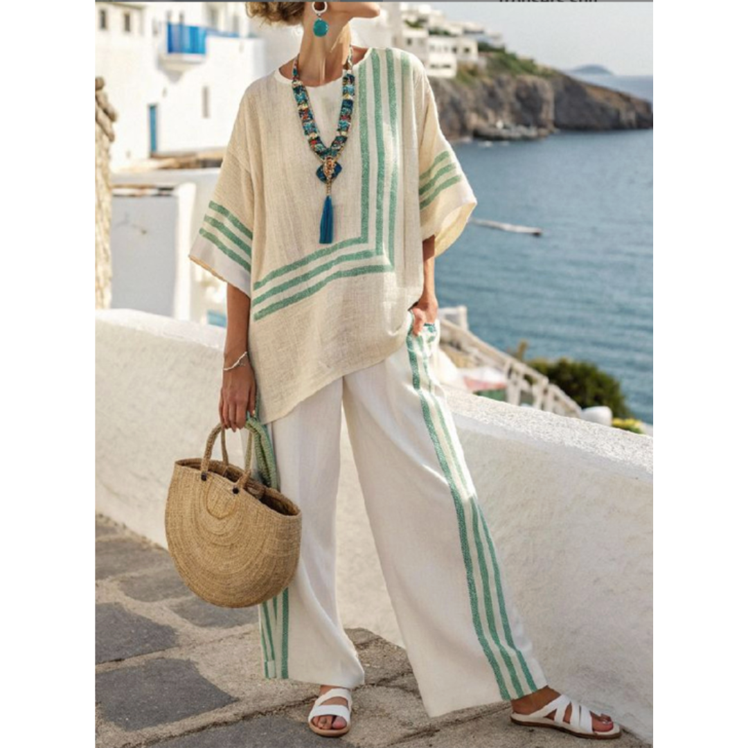 Woman in a striped co-ord set featuring a comfortable skirt and matching top.