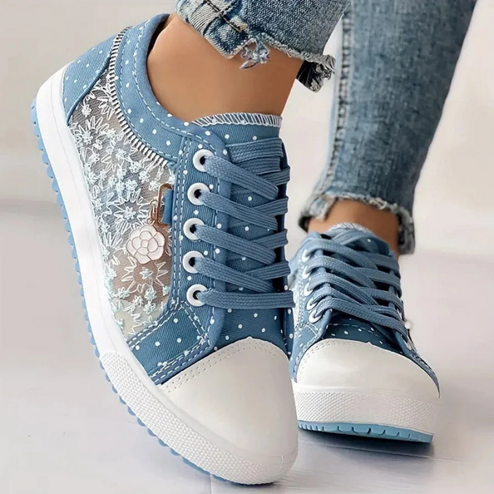 Blue dotted canvas shoes with flower charm detail