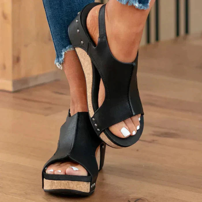 Foot model top view wedge sandals plain background minimal style