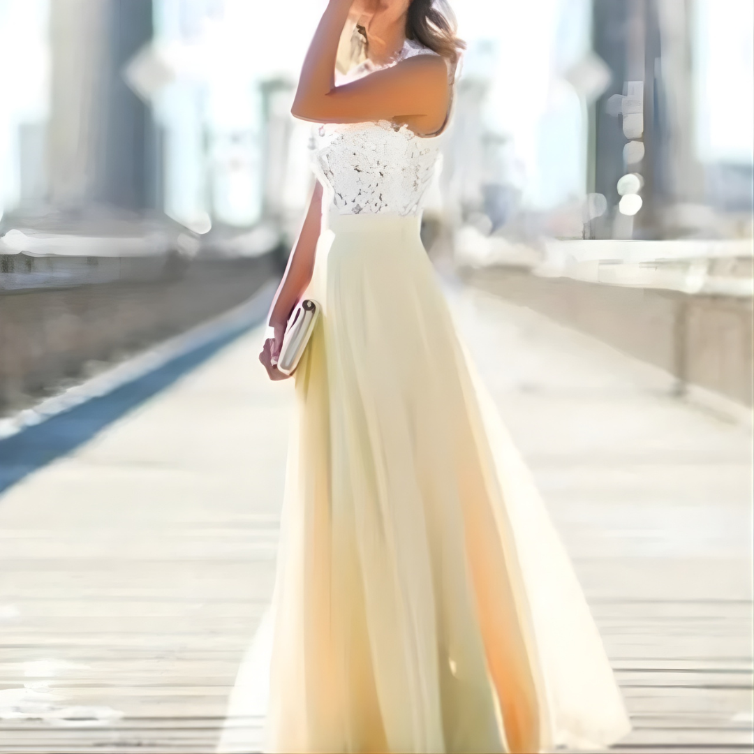 Female model back view embellished maxi dress