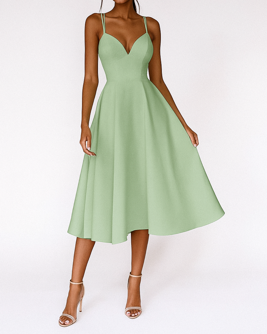Woman styled in a strappy midi dress suitable for weddings and special events