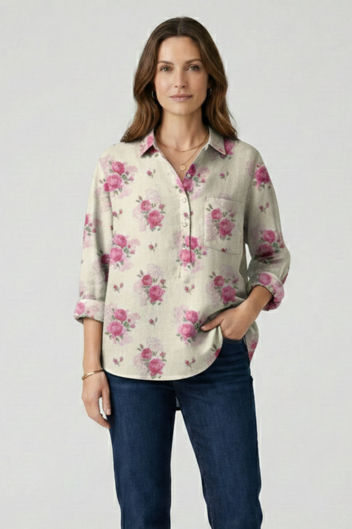 Woman in casual floral blouse paired with jeans outfit