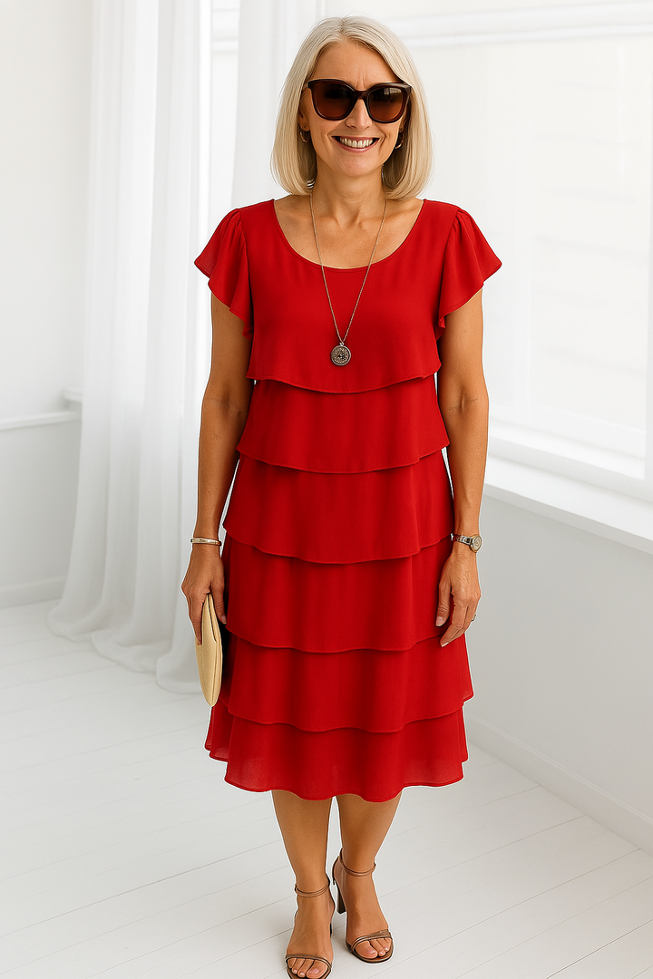 Female model wearing a short sleeve layered midi dress on a plain background.