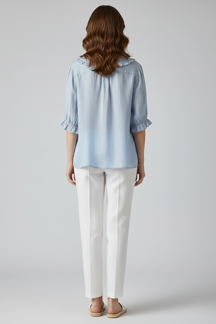 Minimal product image of baby blue dressy blouse with white pants
