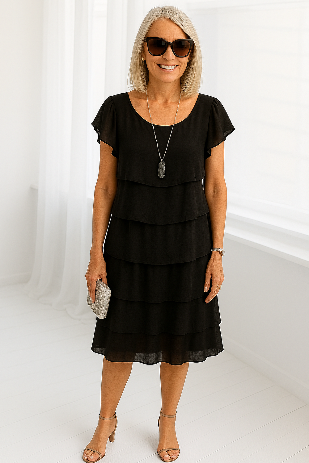  Woman in a flowing layered midi dress with short sleeves on a plain background.
