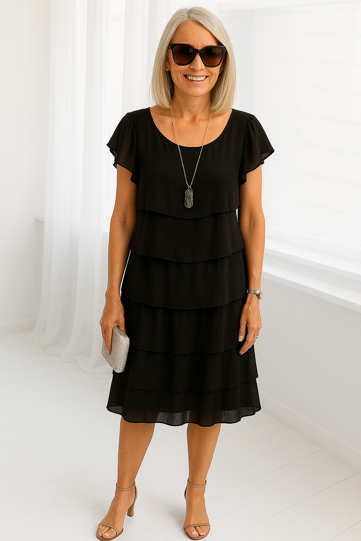  Woman in a flowing layered midi dress with short sleeves on a plain background.
