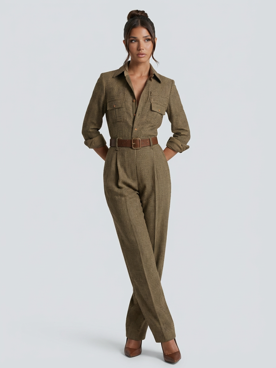 Woman in a tailored beige jumpsuit with wide-leg fit on a plain background.