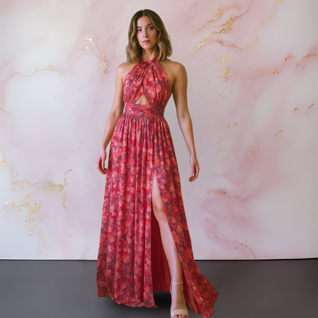 Female wearing a floral maxi dress with an open-back design against a plain background.