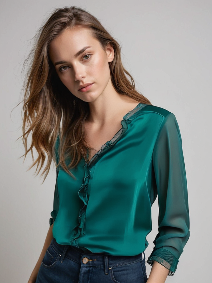 Female model showcasing a refined ruffle blouse against a clean background.
