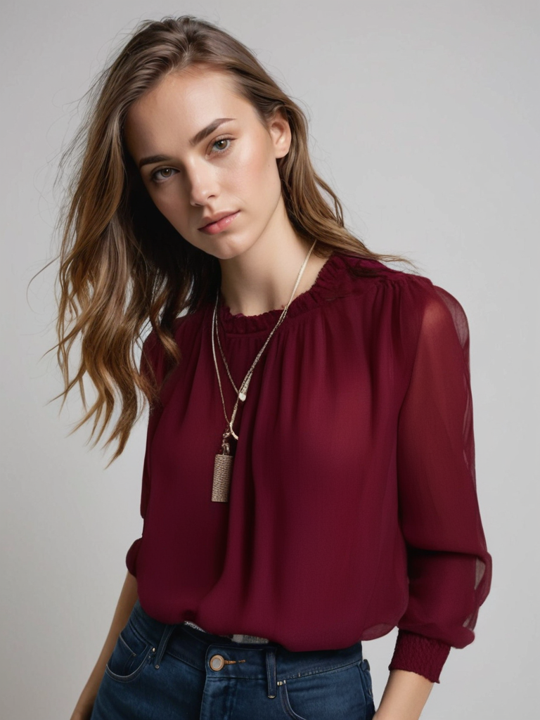 Woman showcasing a long sleeve ruffle blouse on a clean background.