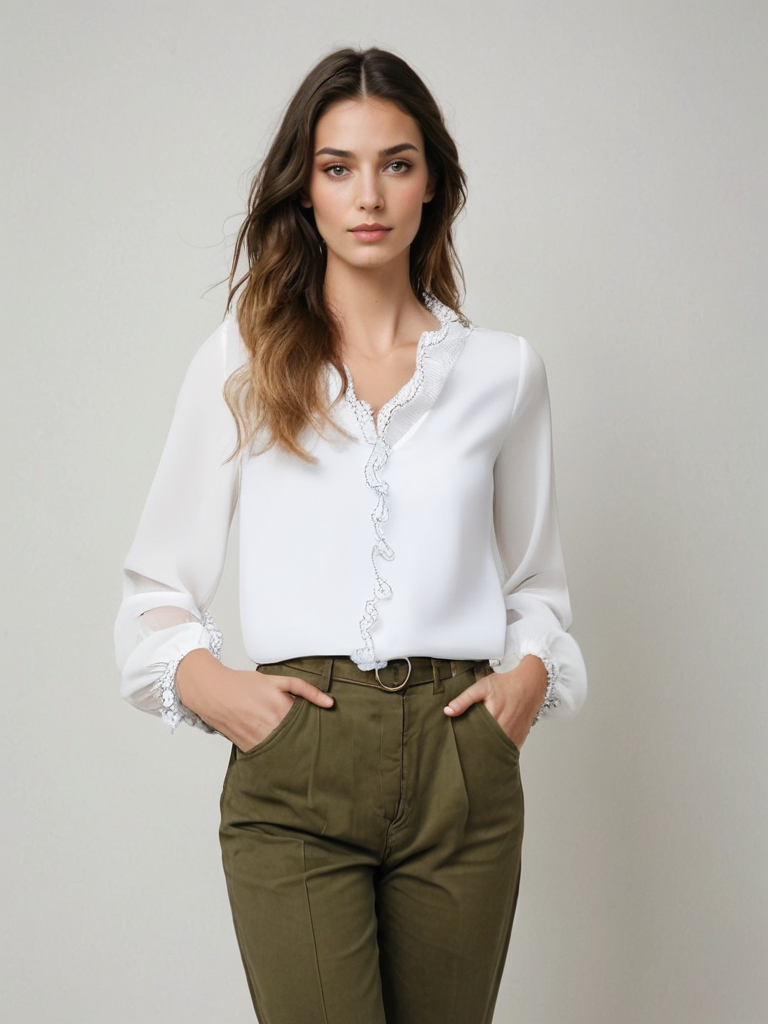 Woman wearing a polished long sleeve blouse with feminine ruffle accents.