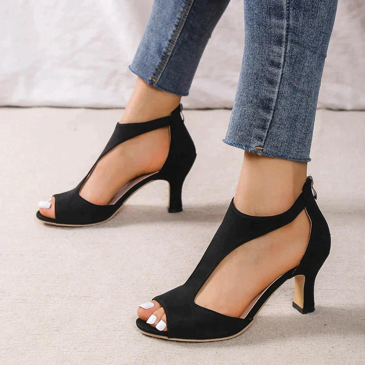 Open toe heel sandals front view plain background clean display