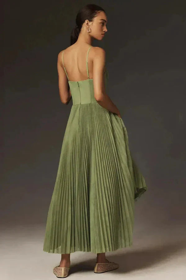 Woman model showcasing a bustier top A-line midi dress on a plain background, black angle