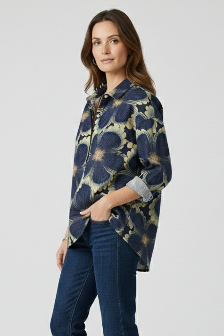 Floral top rolled tab sleeves side view