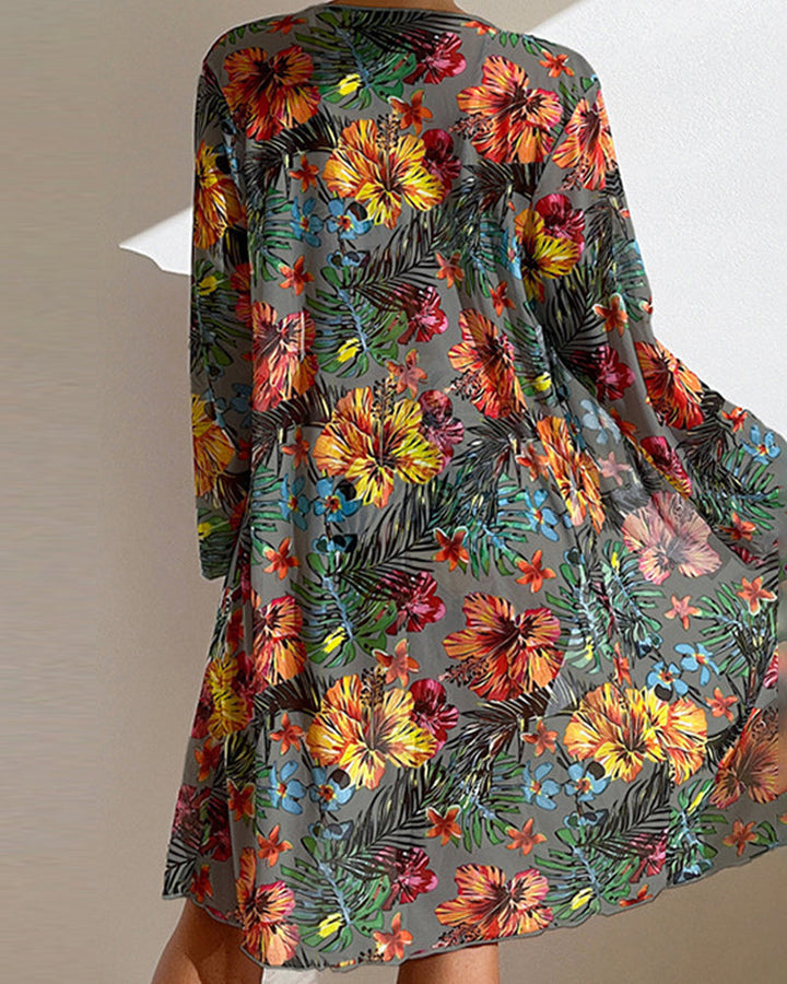 Floral skirt bikini outfit for elegant resort and poolside styling, back angle