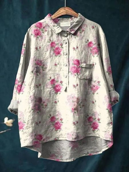 Lightweight floral button blouse on a clean background.