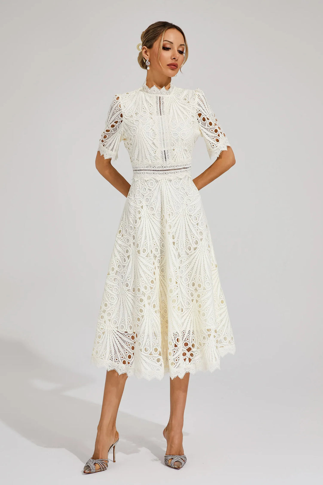Woman model posing in a flattering A-line lace dress for special occasions on a clean background.