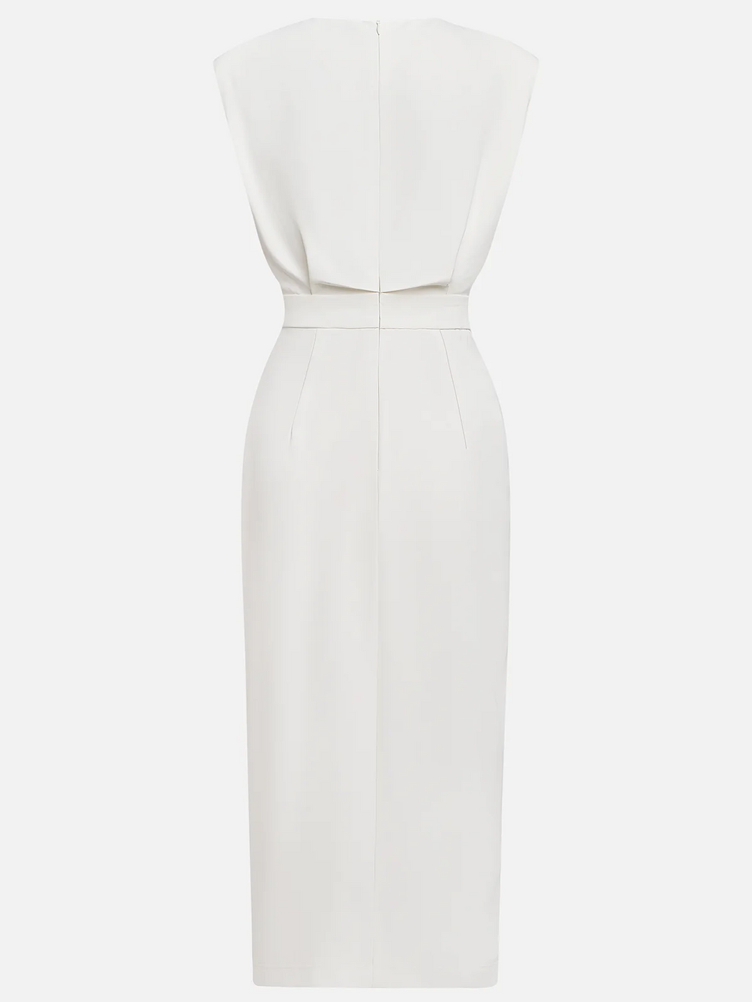Woman in a graceful everyday dress with button slit detail on a plain background.