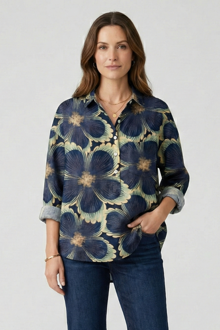 Woman in floral collared shirt full front flat lay