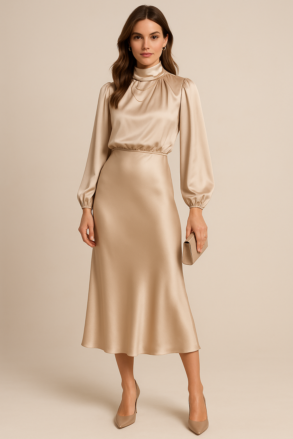 Woman wearing a gold satin outfit with a matching clutch against a beige background