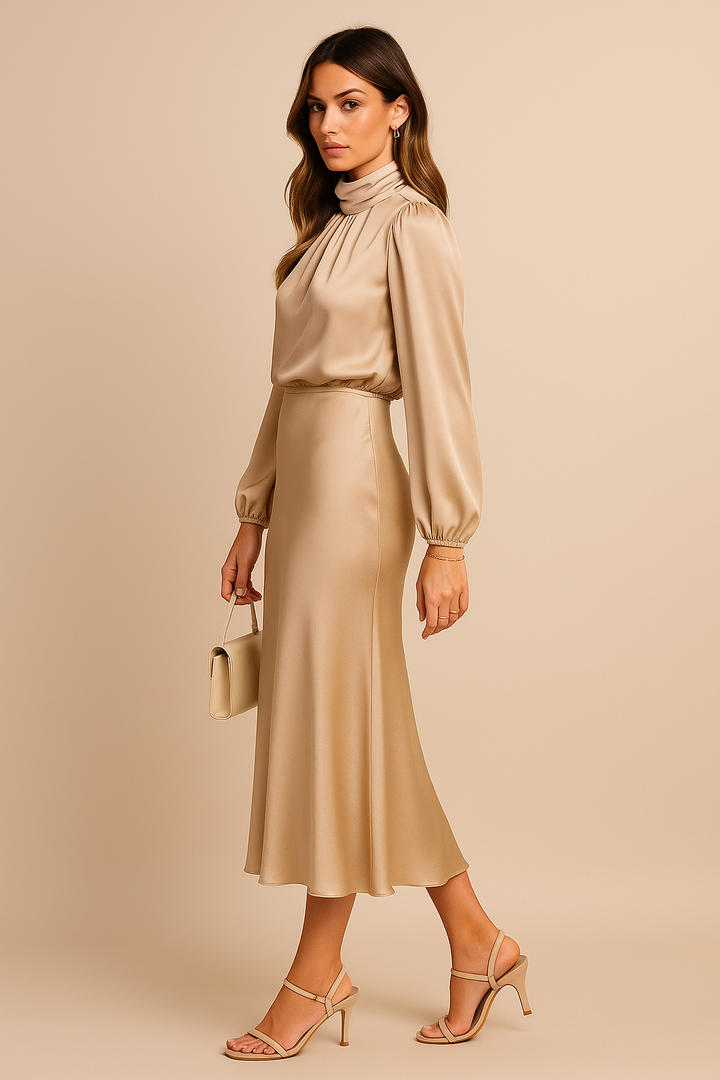 Woman wearing a beige satin outfit with a matching handbag on a beige background