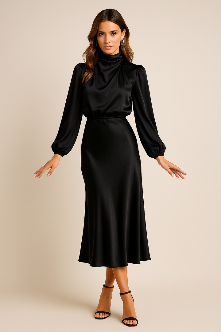 Woman wearing a black dress with long sleeves on a beige background