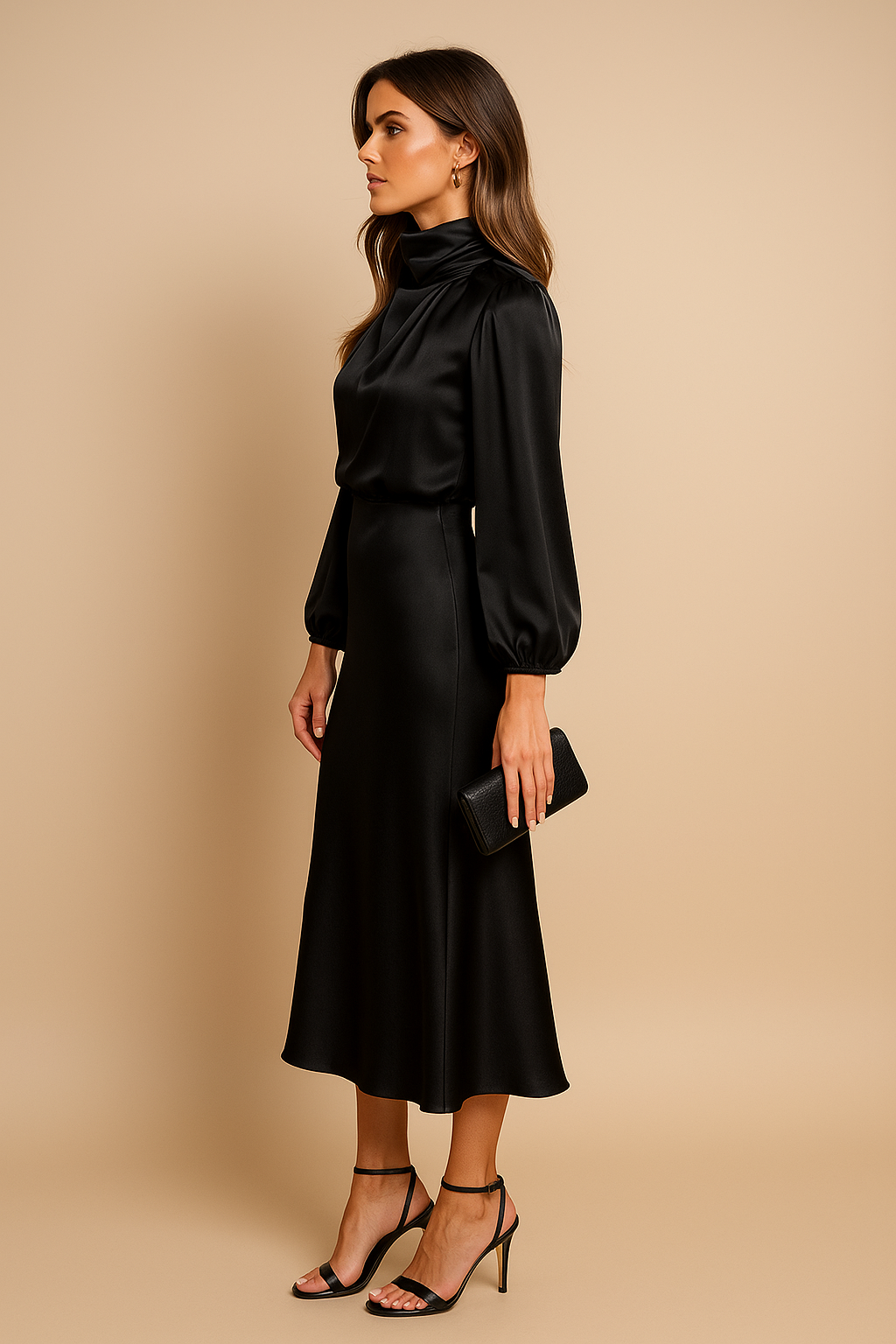 Woman wearing a black dress with a high collar and long sleeves against a beige background