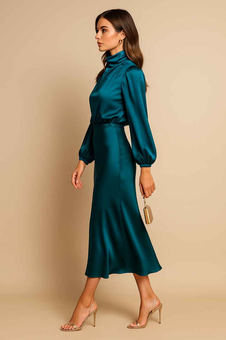 Woman wearing a teal dress with long sleeves and a fitted skirt on a beige background