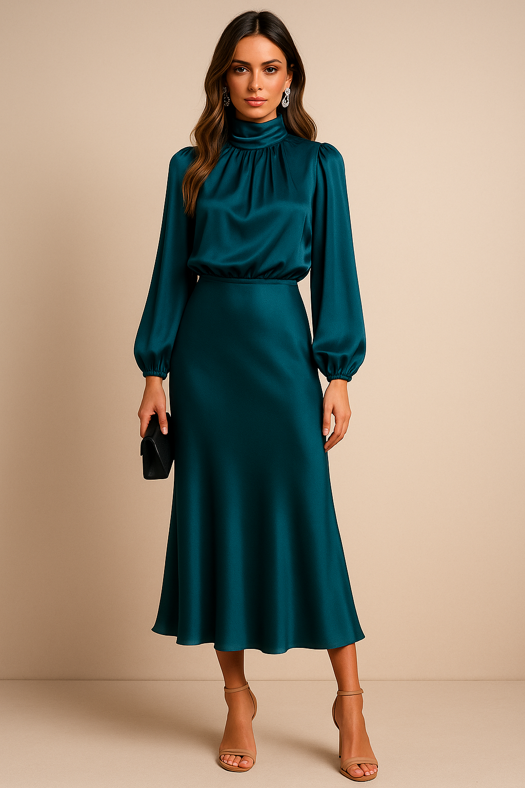 Woman wearing a teal outfit with a matching skirt and top against a beige background