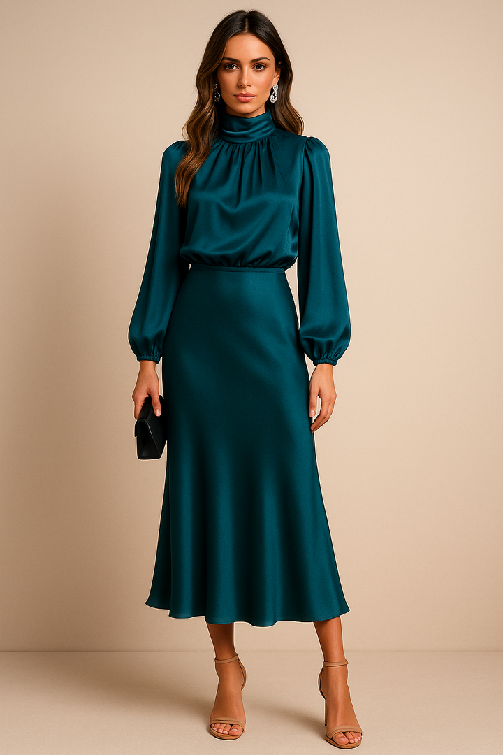 Woman wearing a teal outfit with a matching skirt and top against a beige background