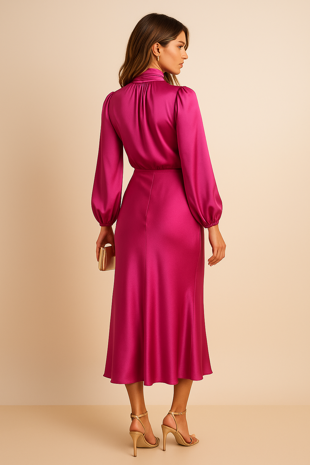 Woman wearing a pink dress against a beige background