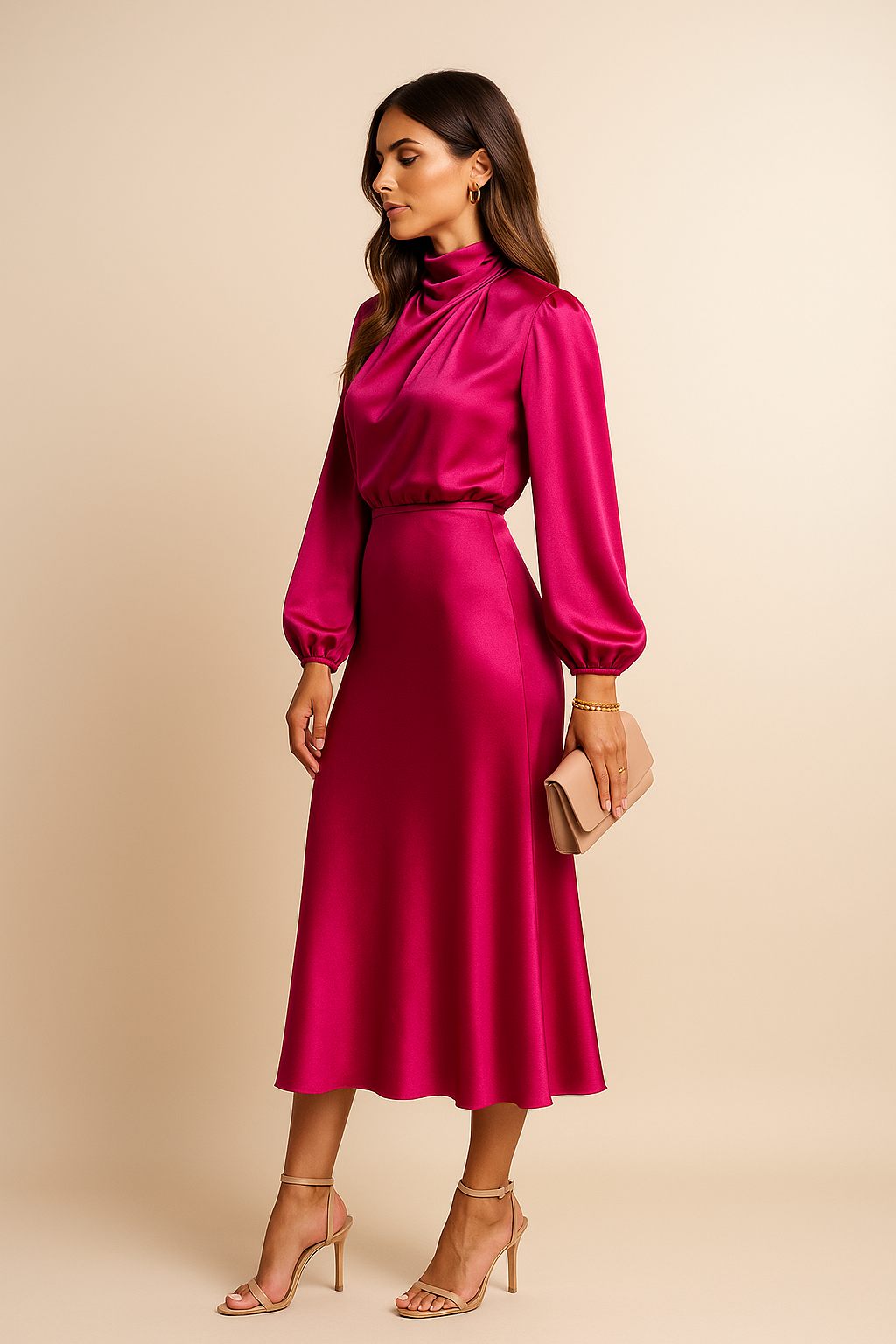 Woman wearing a pink satin dress with long sleeves on a beige background