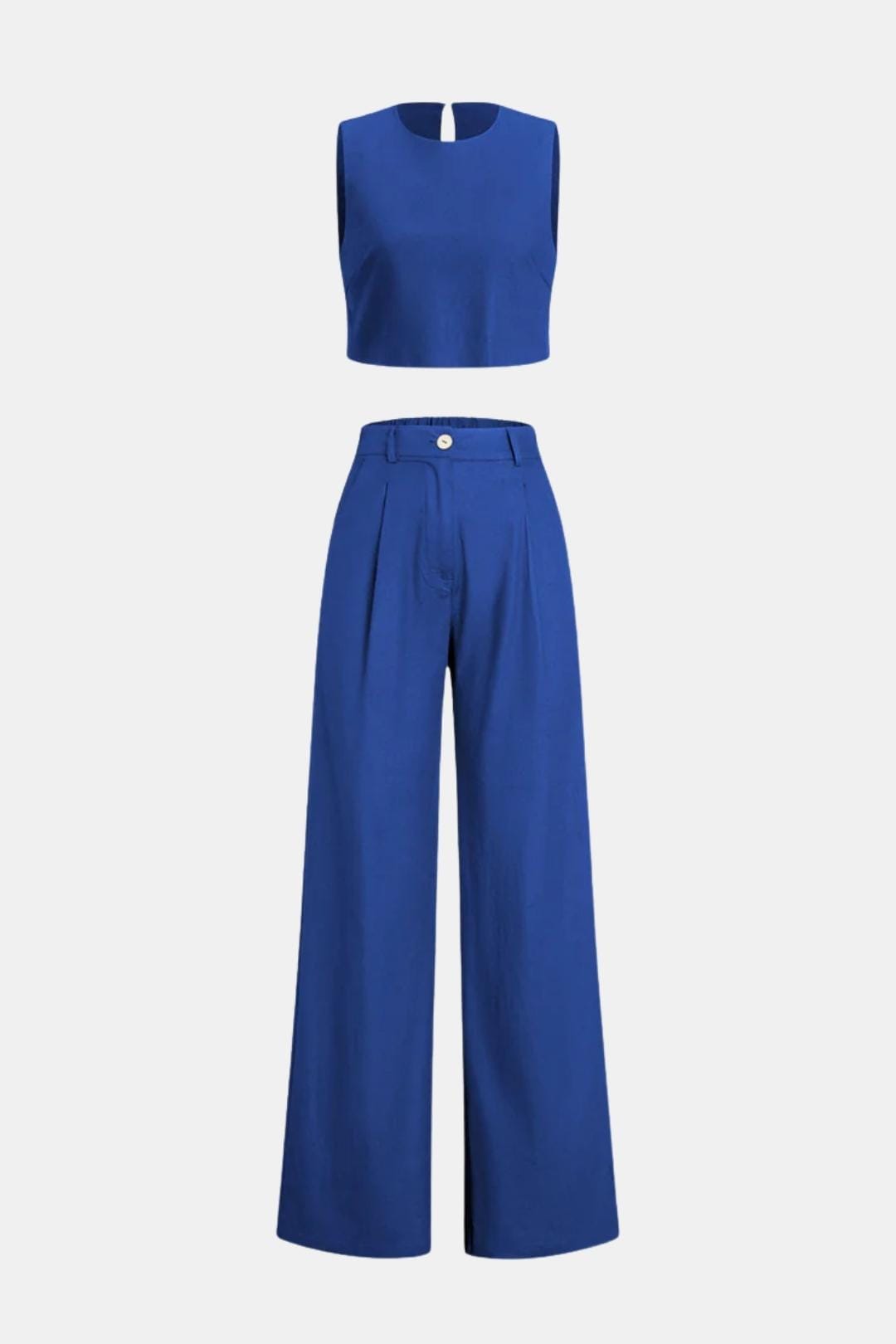 Chic matching pants set with a sleeveless design on a plain background.