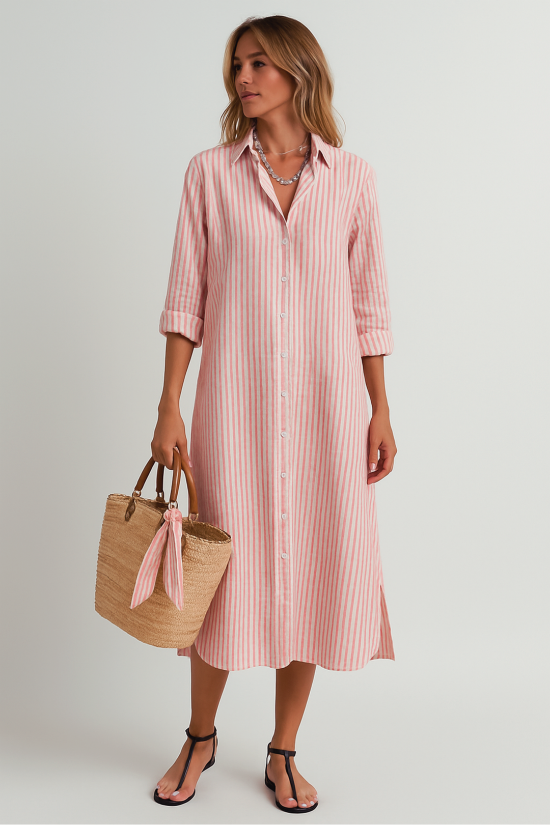 Model wearing breezy summer dress against a plain background.