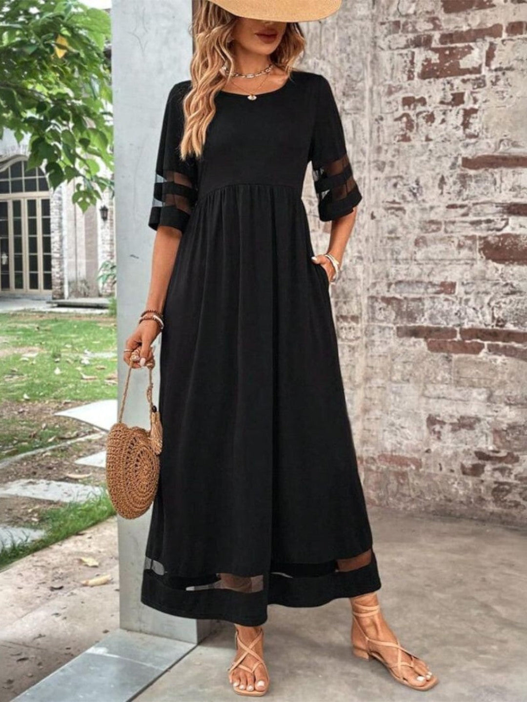 Maxi dress outdoor front view with flowy silhouette