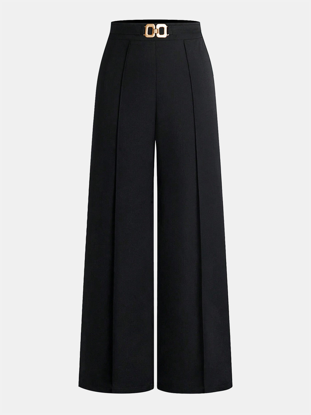 Long high waist pants on a plain backdrop.
