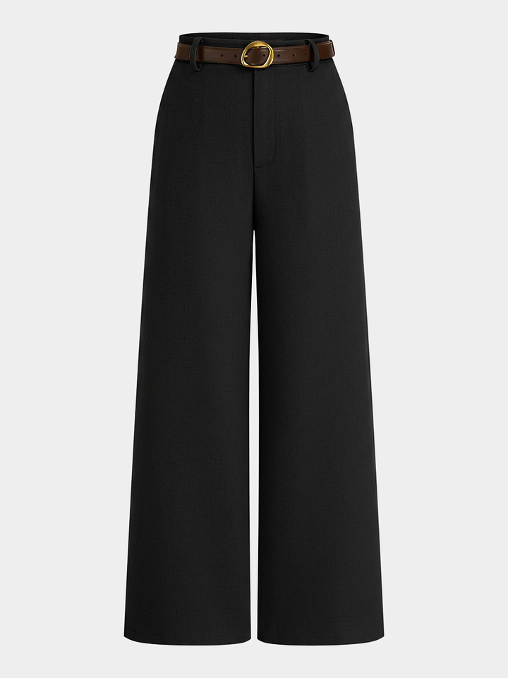 Female model showcasing lightweight long pants with waist belt detail on a plain background.