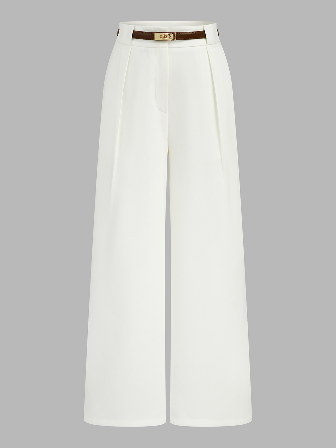 Belted long pants on a plain background.