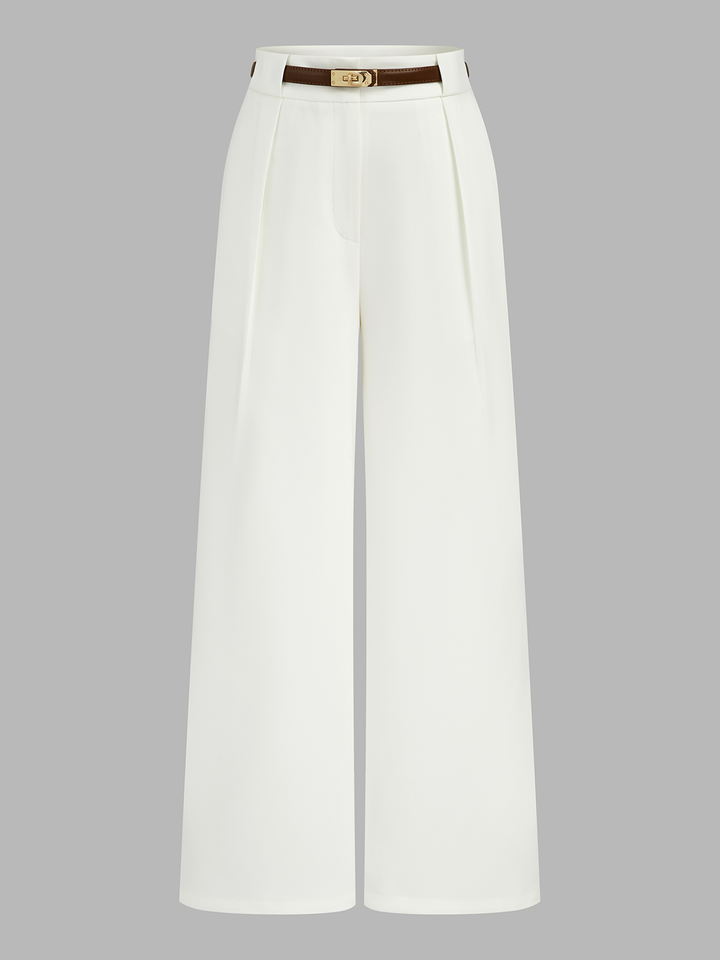 Belted long pants on a plain background.