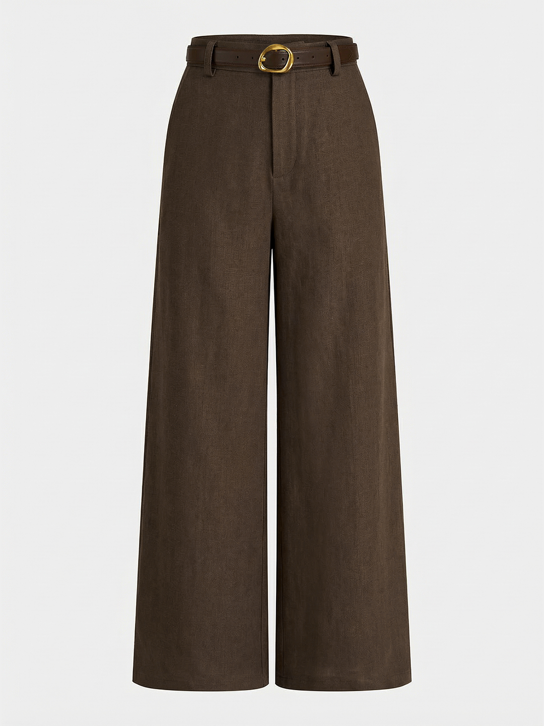 Female in long regular fit trousers designed with a modern belted waist on a plain background.
