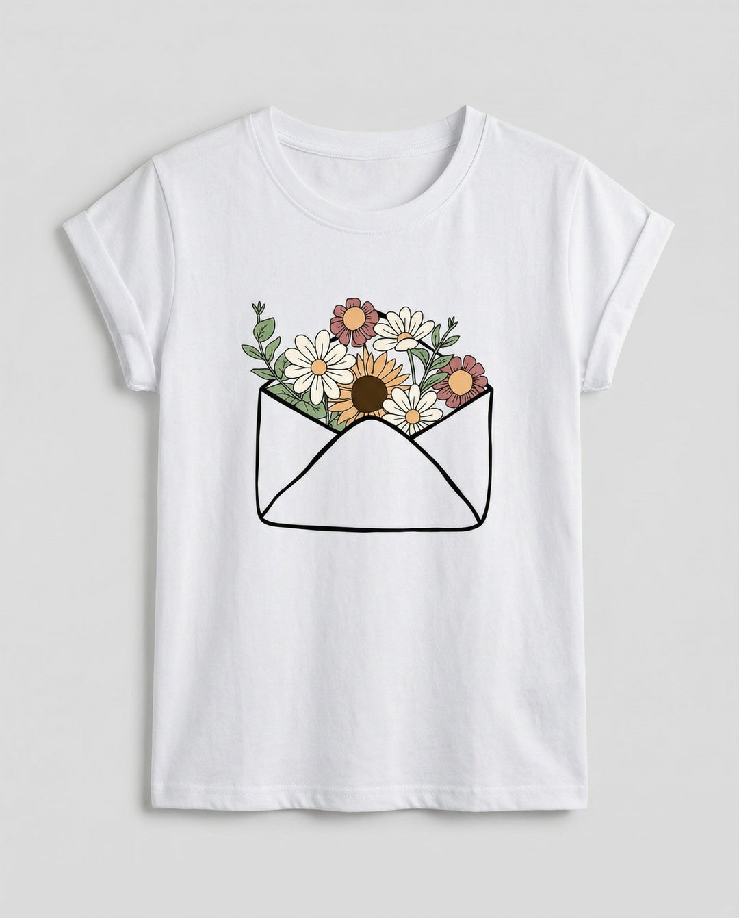 Female model styled in a lightweight summer T-shirt on a plain background.
