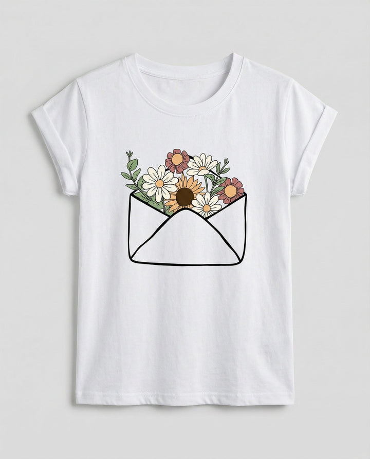 Female model styled in a lightweight summer T-shirt on a plain background.
