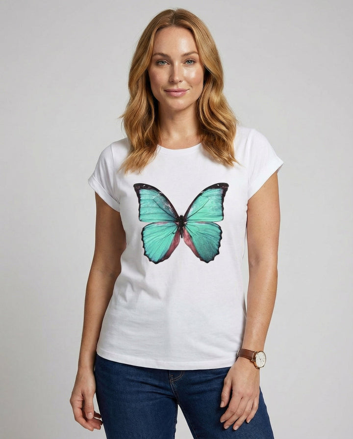 Female model wearing a lightweight short sleeve summer T-shirt against a plain background.