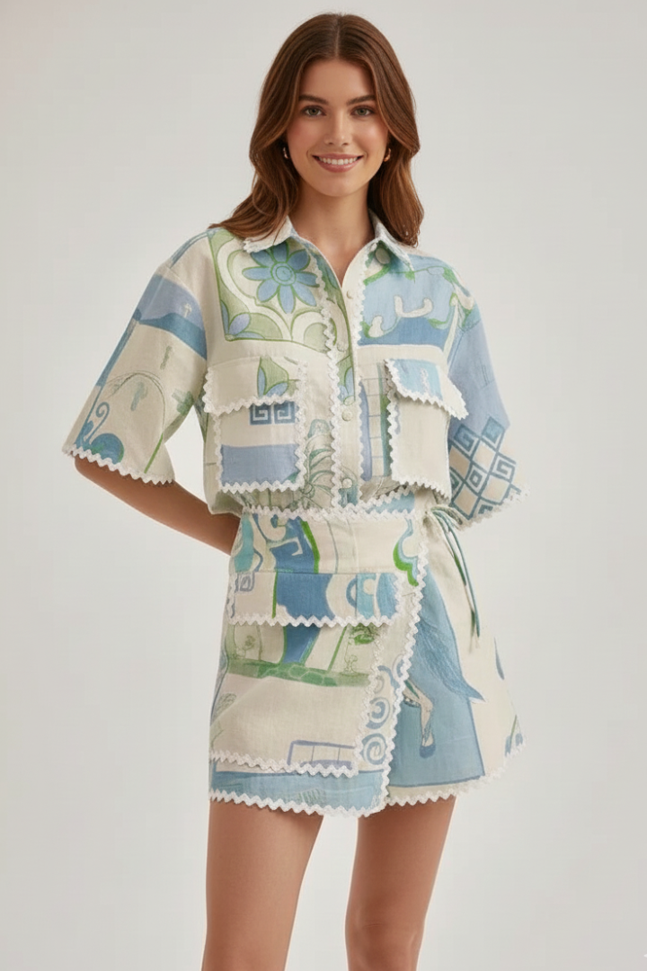 Female model front view patchwork outfit gray background