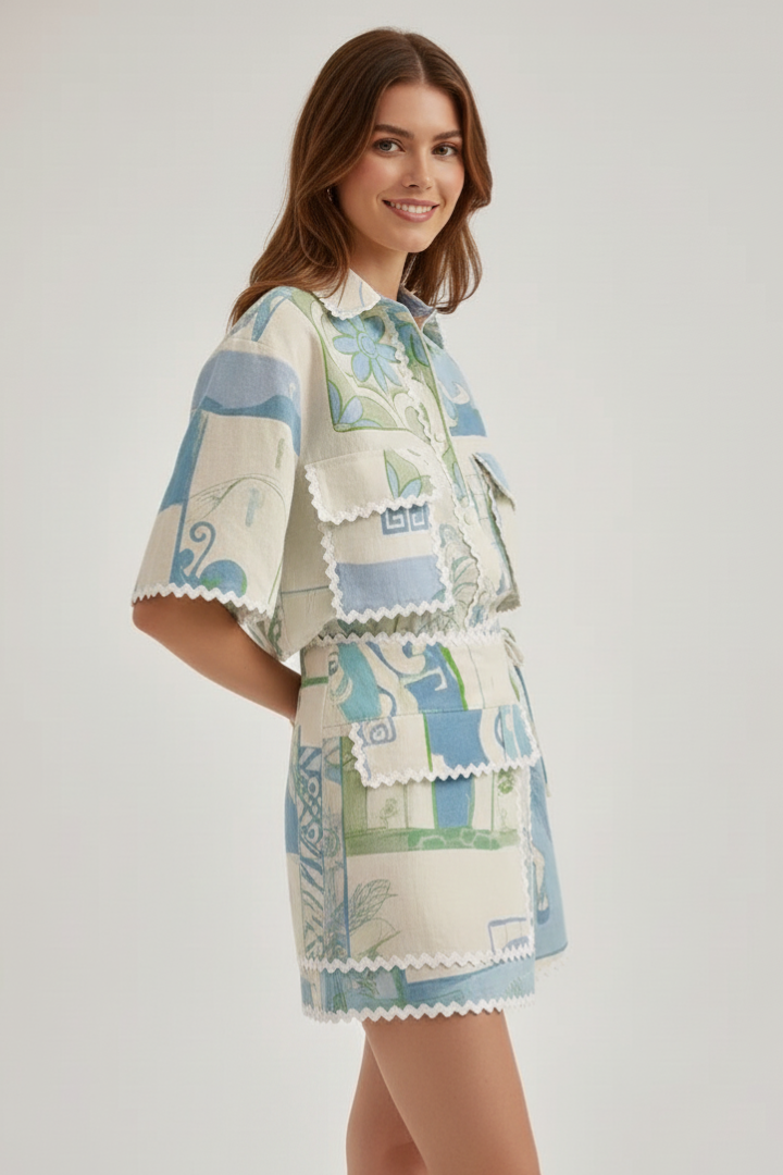 Model side way wearing boho set standing in plain background